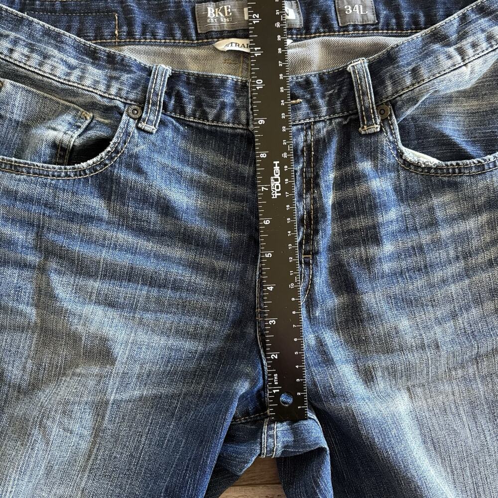BKE Jeans Men 34L 34x34 Blue Nolan Straight Leg Distressed Whiskered Y2K Stretch - Picture 6 of 10